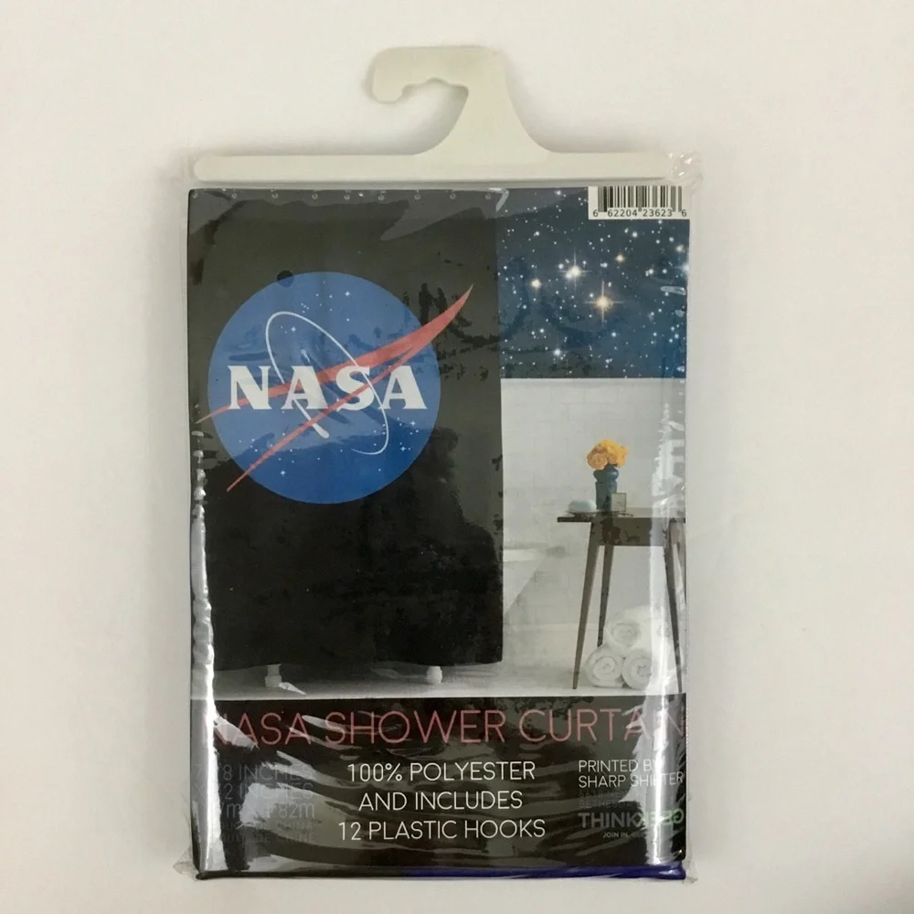 NASA Shower Curtain With 12 Plastic Hooks Set Outer Space Novelty Dorm Kids